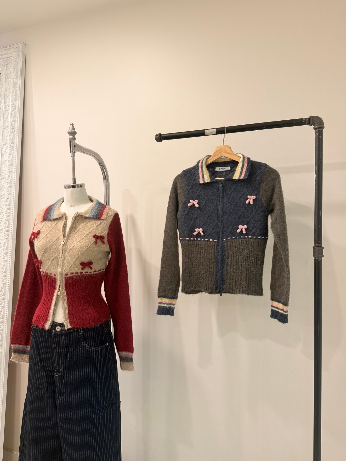 MELA Knit patchwork bow zip-up