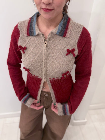 MELA Knit patchwork bow zip-up