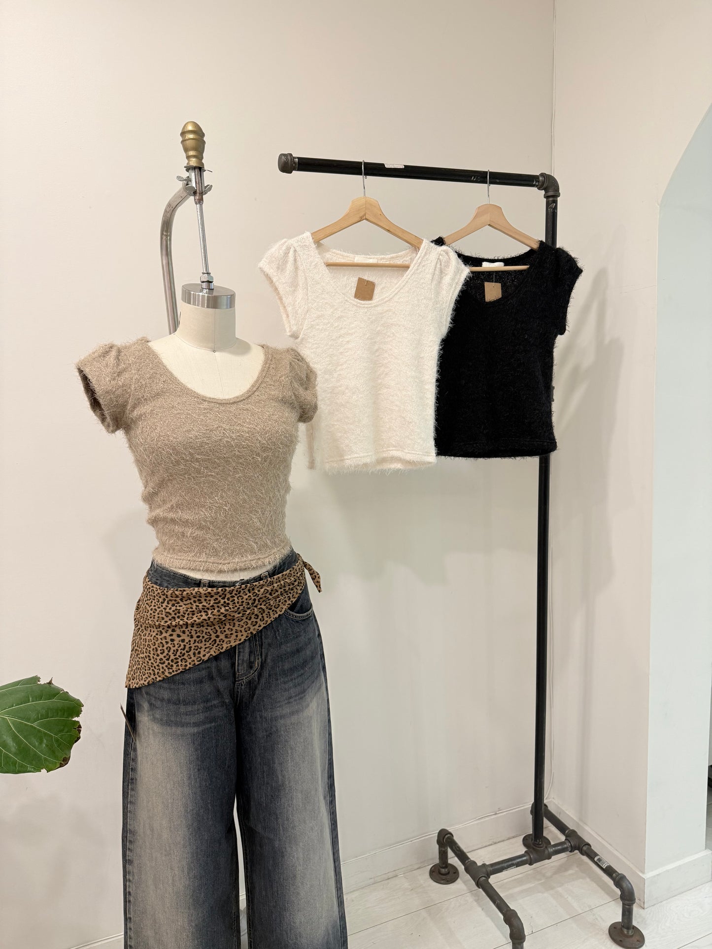 NICOLE Capped sleeve boucle top