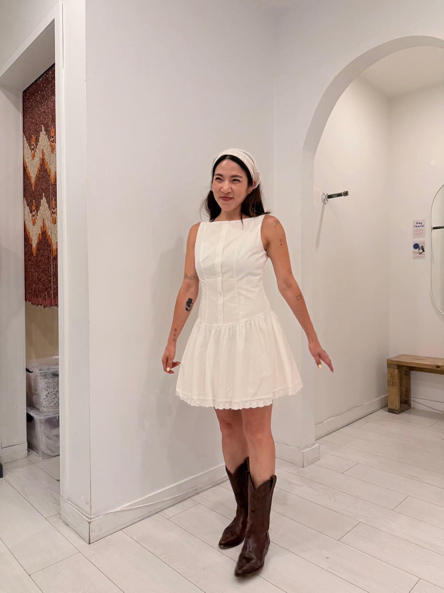 MARGOT Eyelet drop-waist mini dress