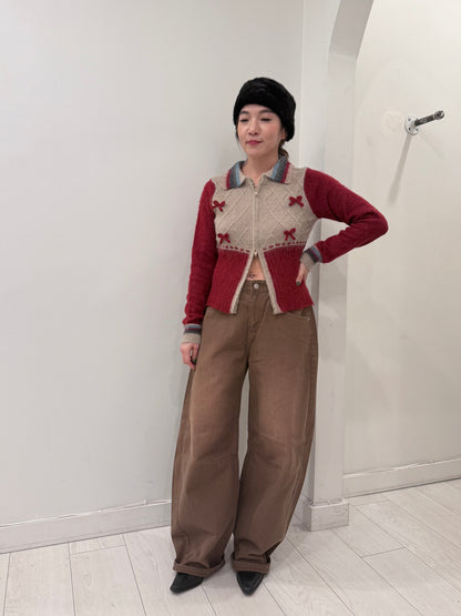 MELA Knit patchwork bow zip-up