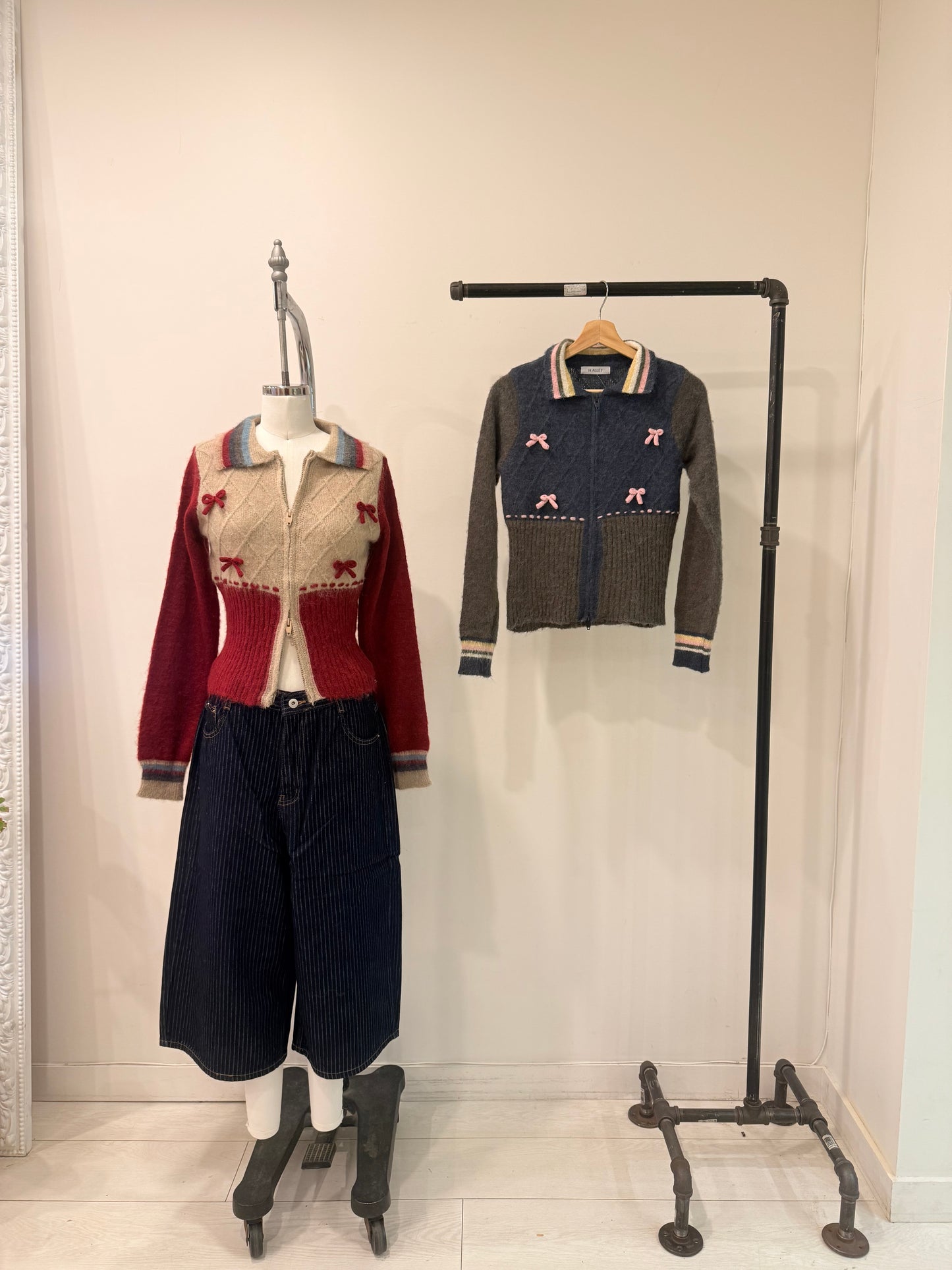 MELA Knit patchwork bow zip-up