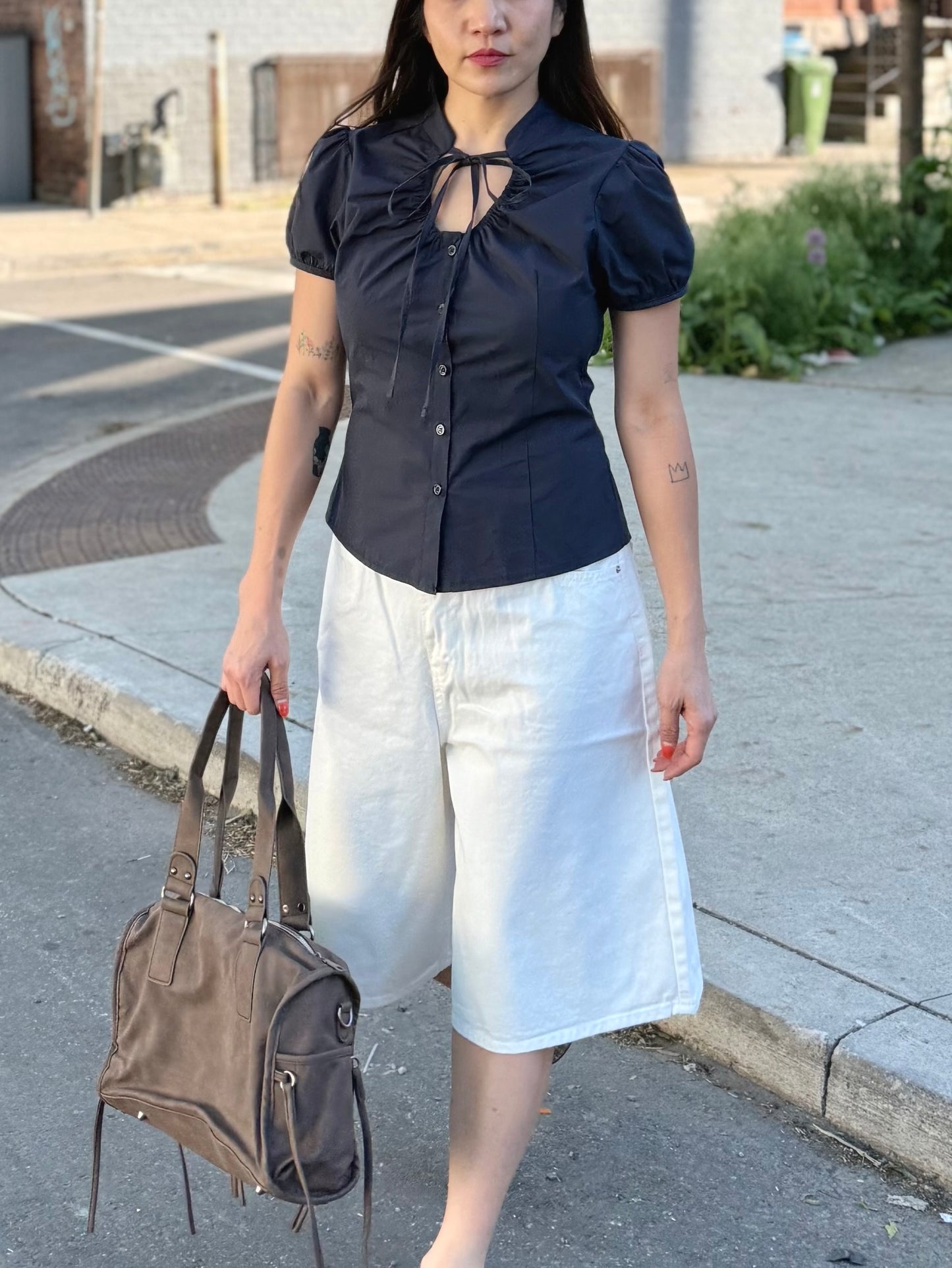 NOELLE Puff-sleeve tie-neck blouse
