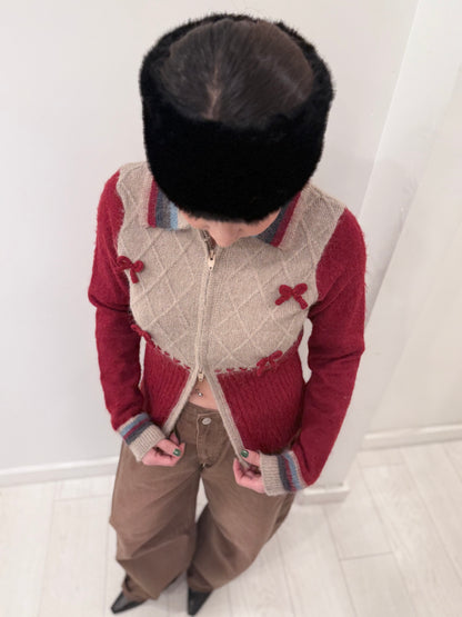 MELA Knit patchwork bow zip-up