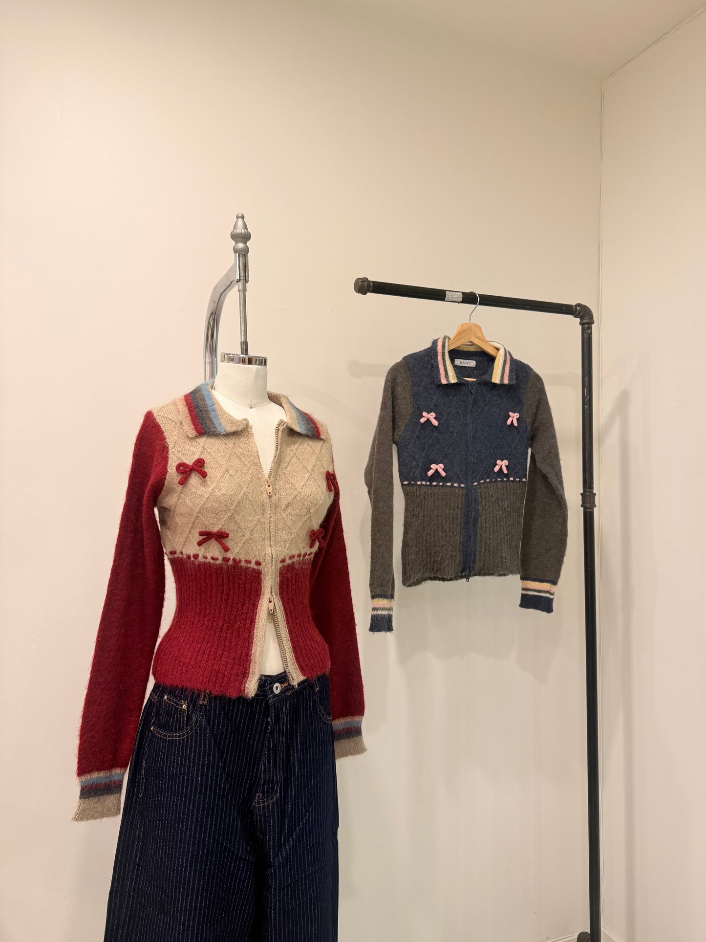 MELA Knit patchwork bow zip-up