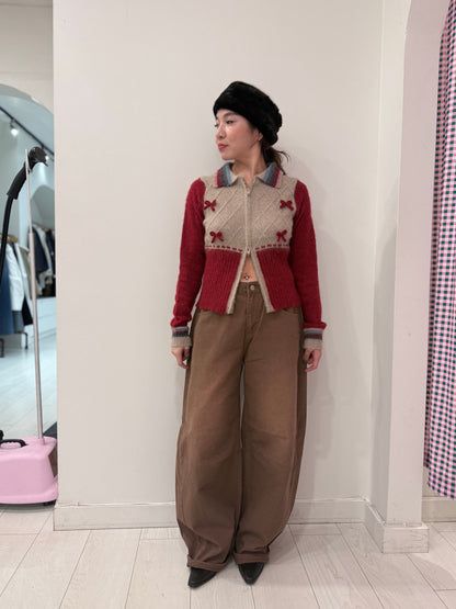 MELA Knit patchwork bow zip-up