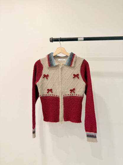 MELA Knit patchwork bow zip-up