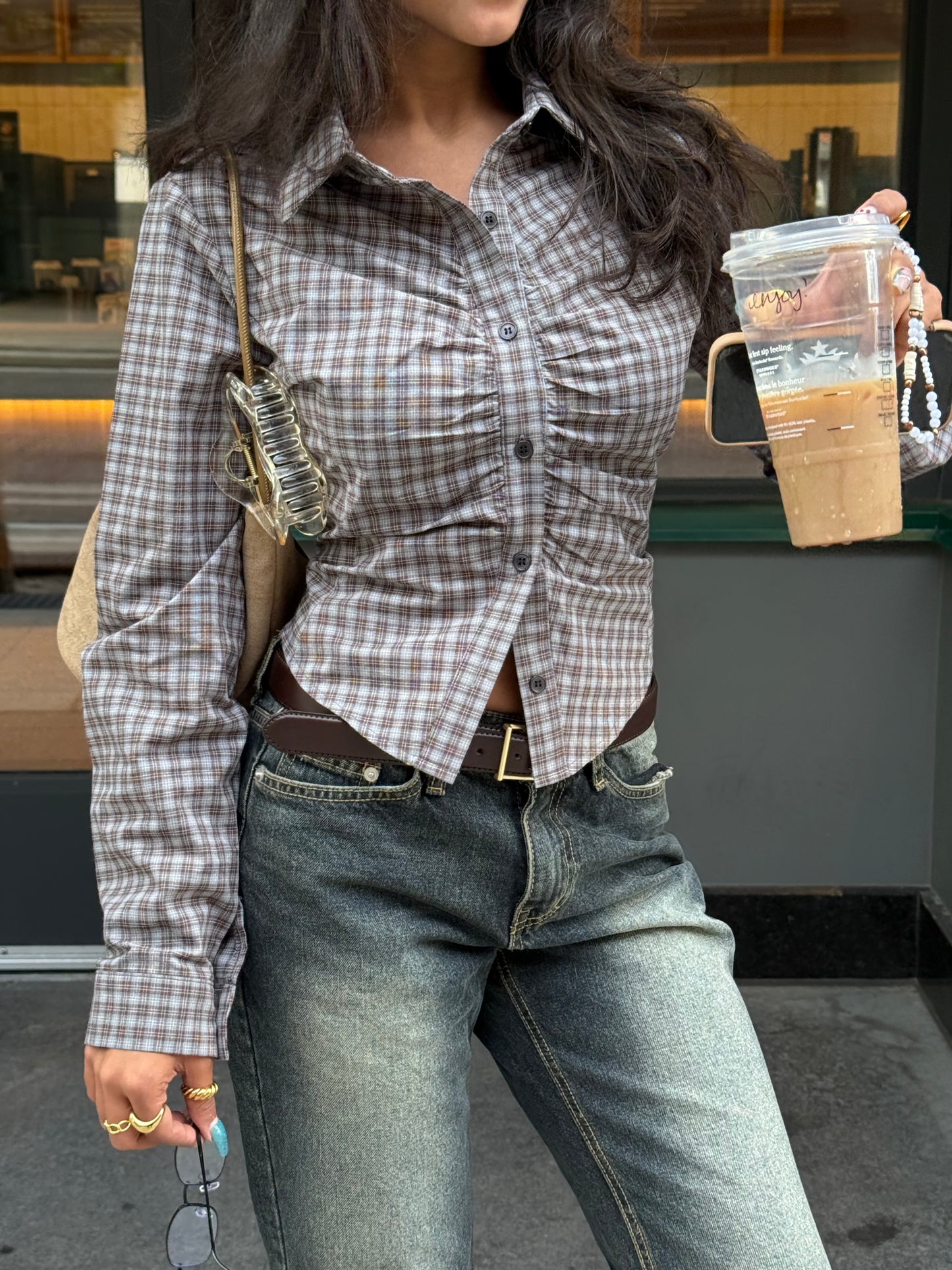 WING Check ruched shirt