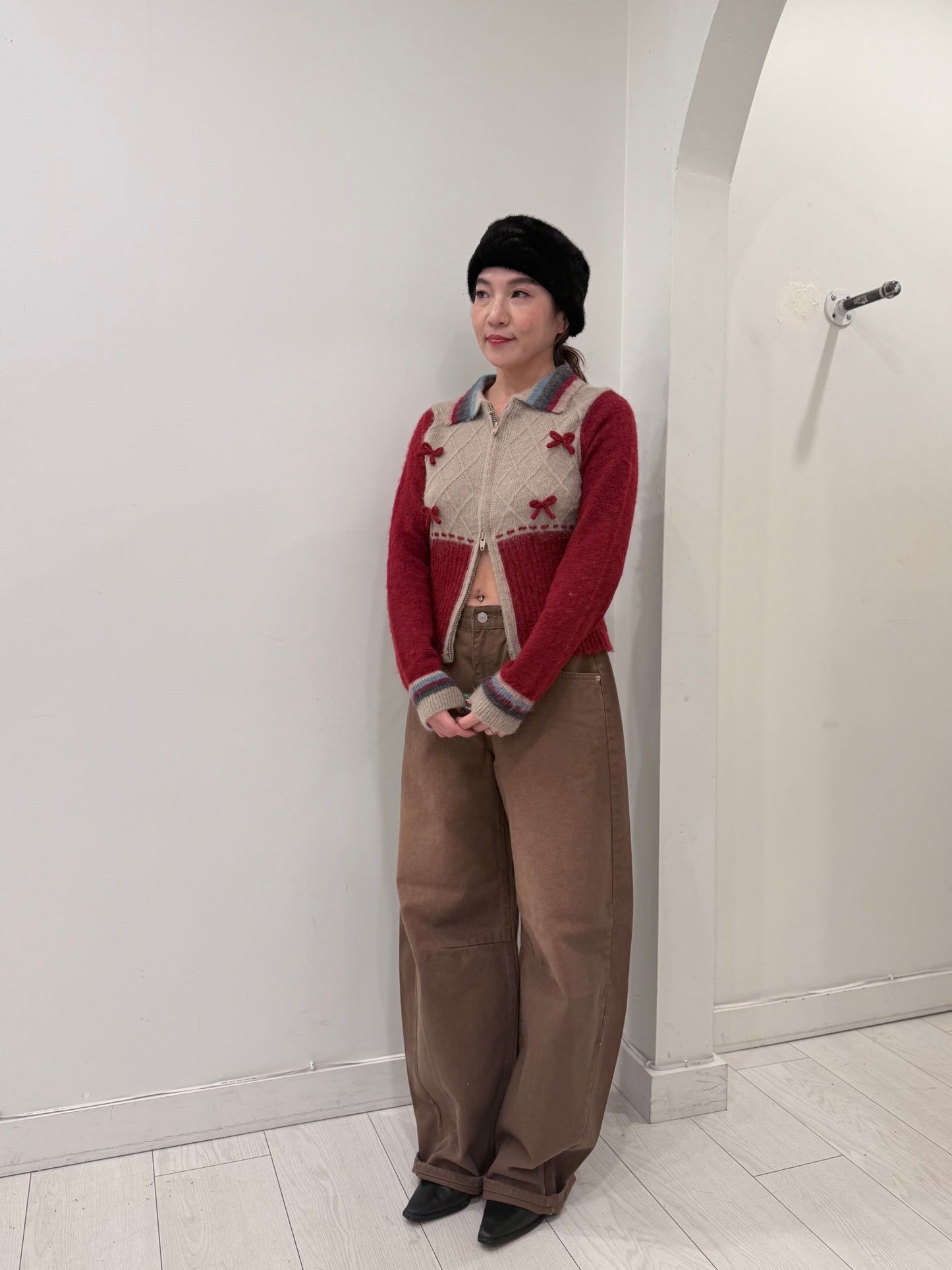 MELA Knit patchwork bow zip-up