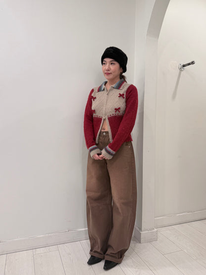 MELA Knit patchwork bow zip-up