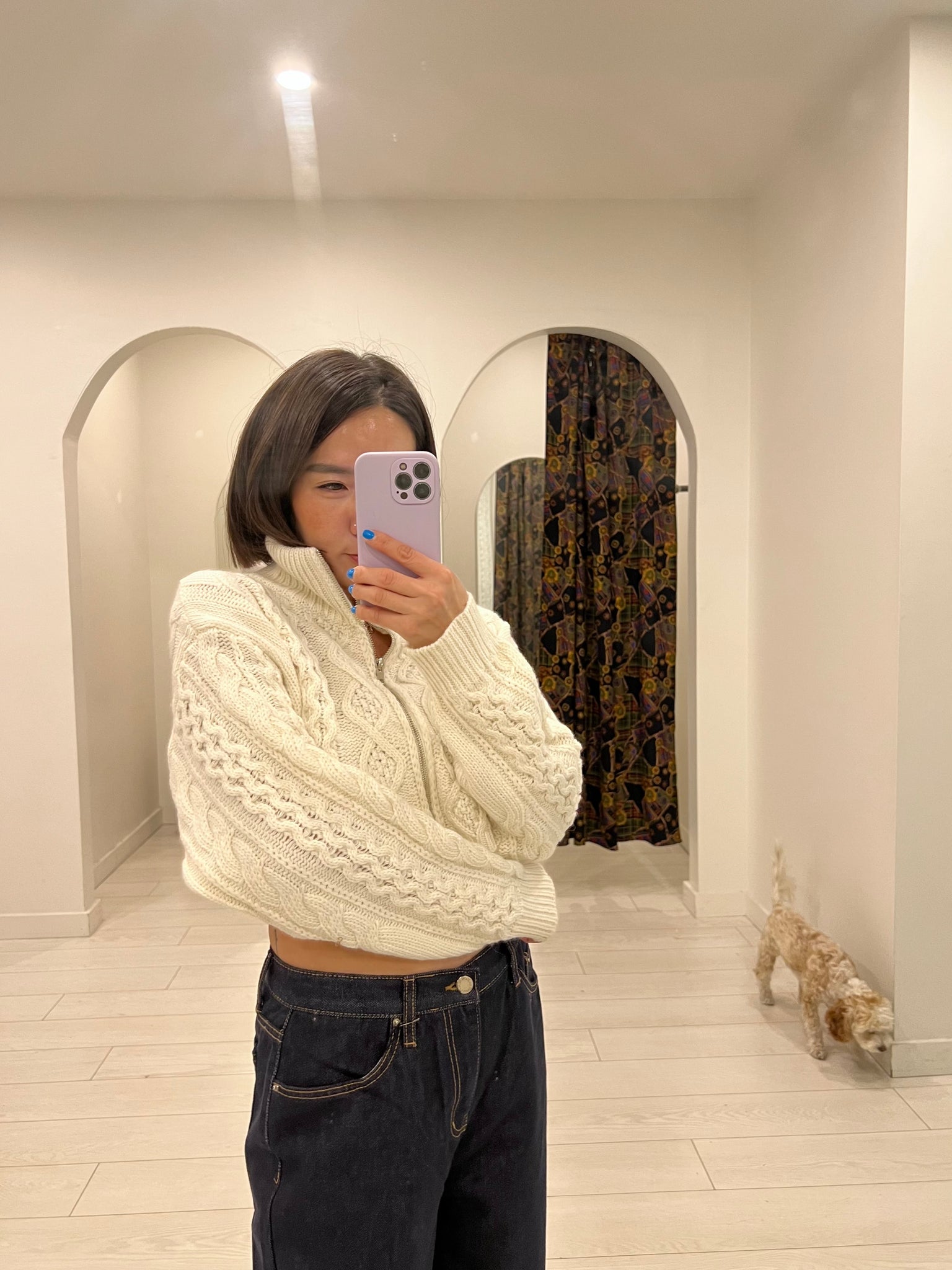 KAMIE Cable-knit cropped zipup