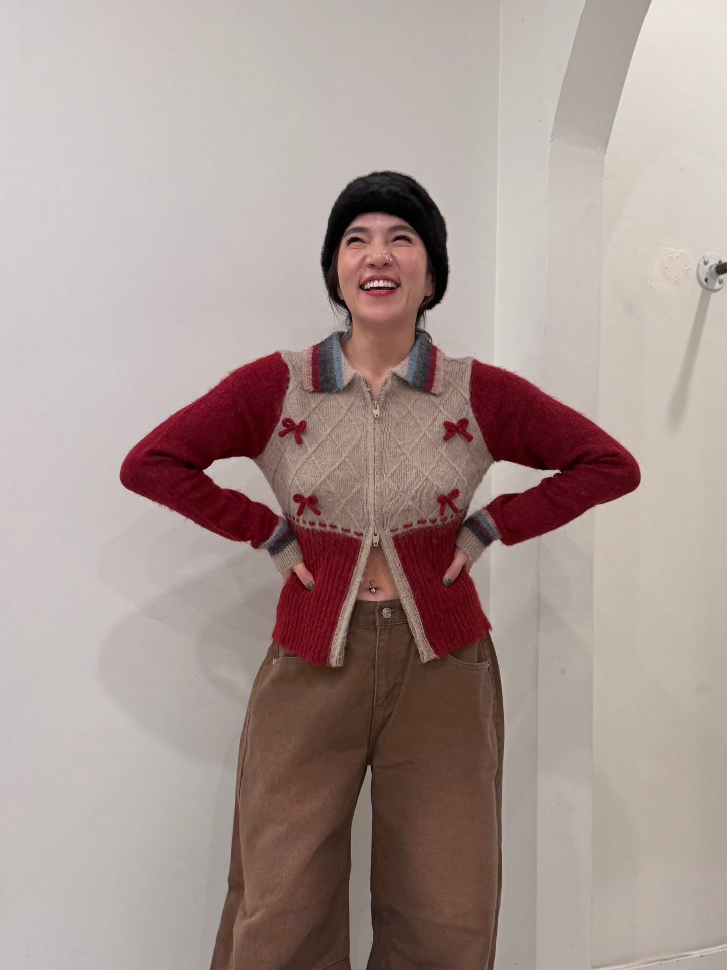 MELA Knit patchwork bow zip-up