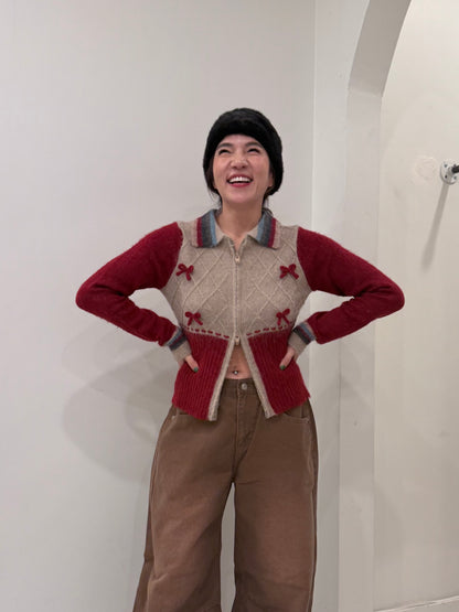 MELA Knit patchwork bow zip-up