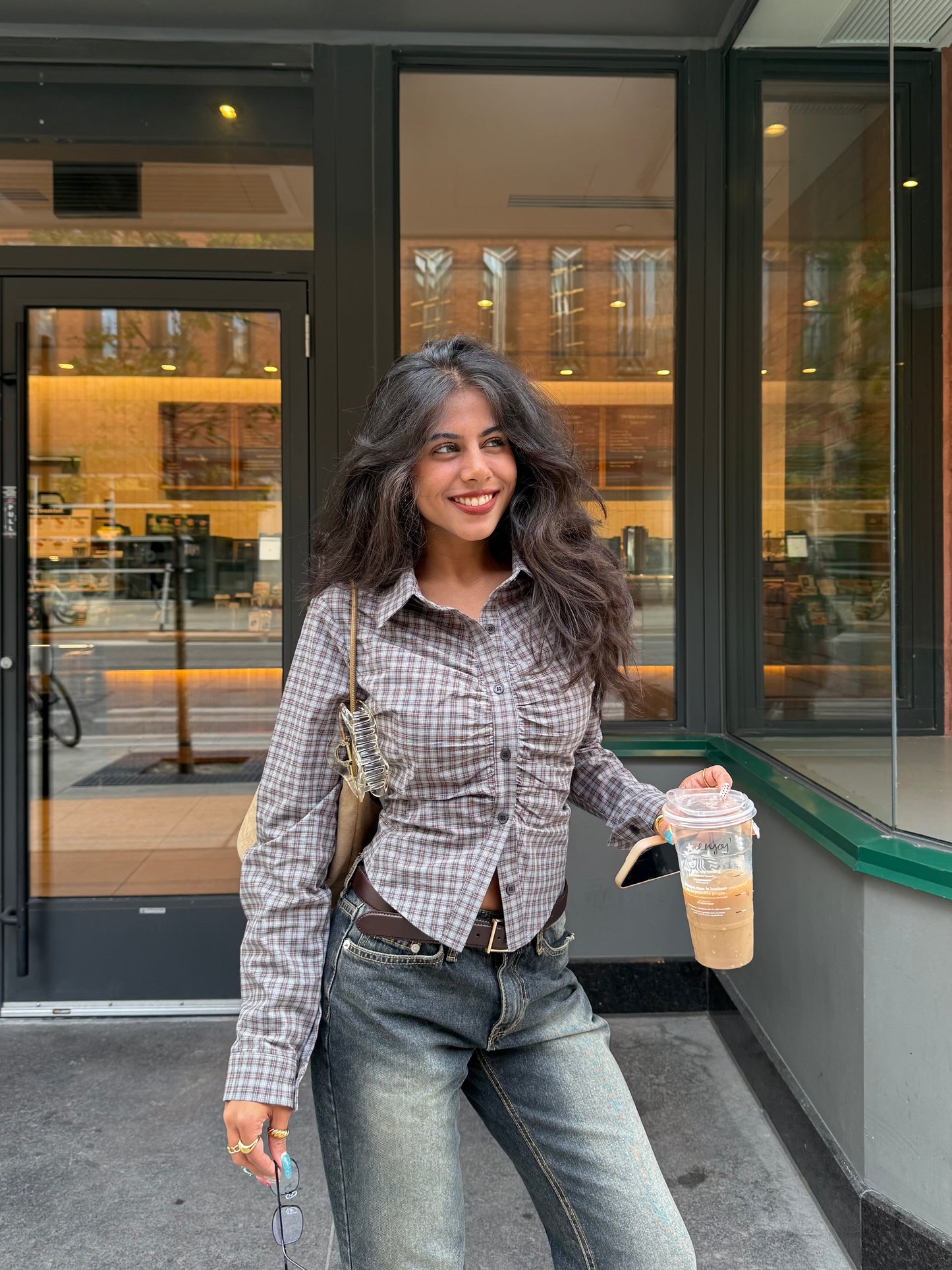 WING Check ruched shirt