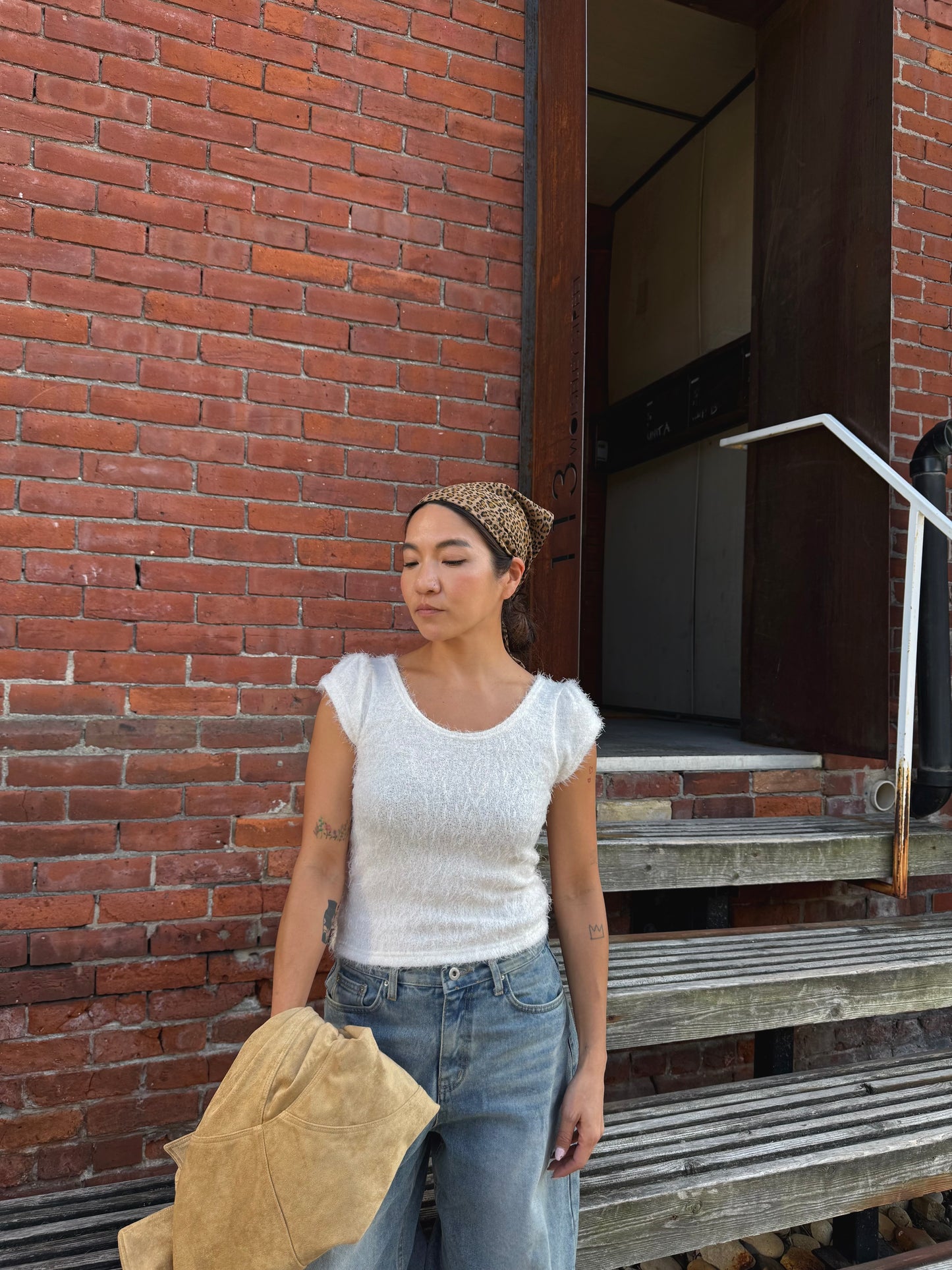 NICOLE Capped sleeve boucle top