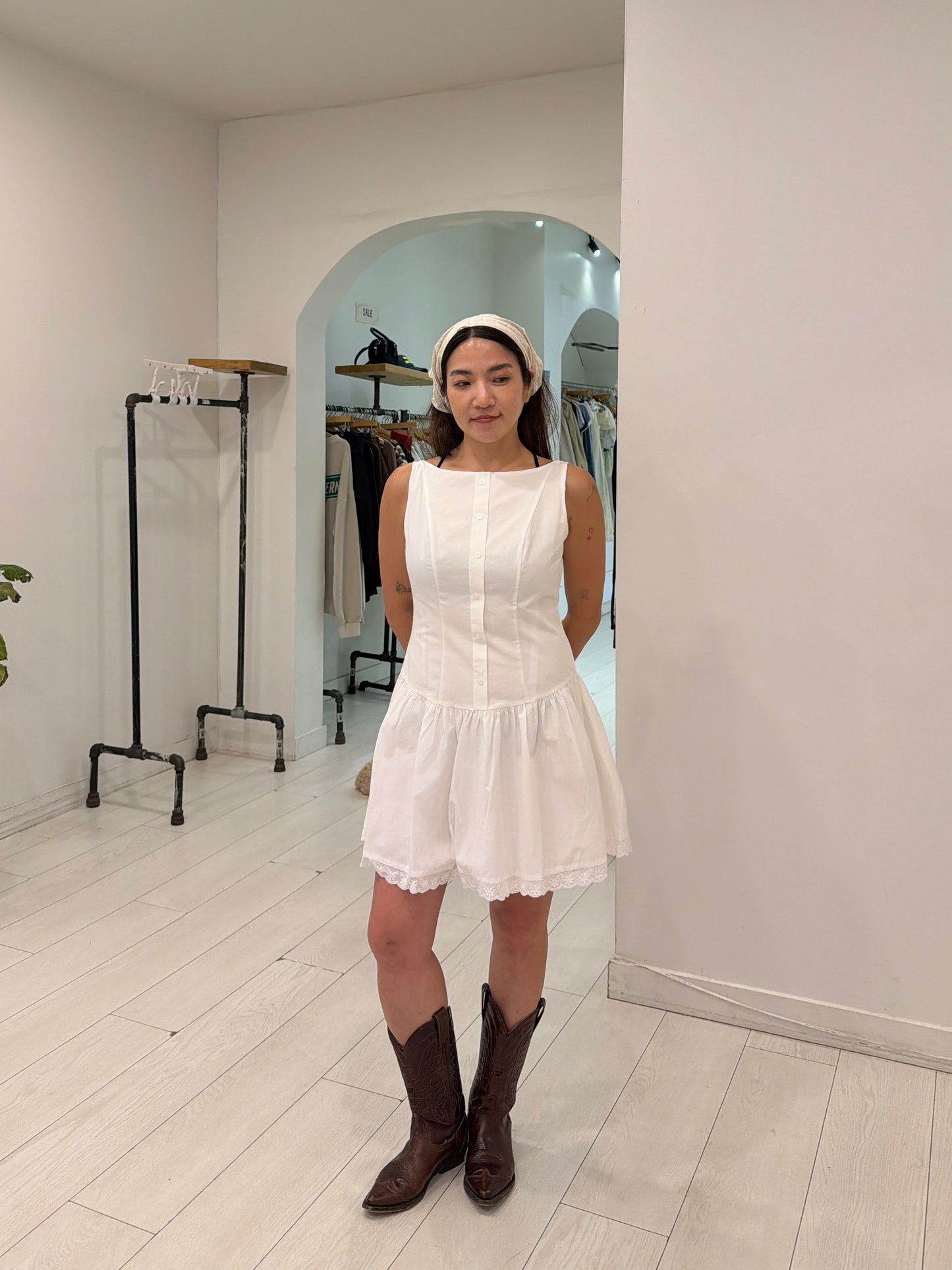 MARGOT Eyelet drop-waist mini dress