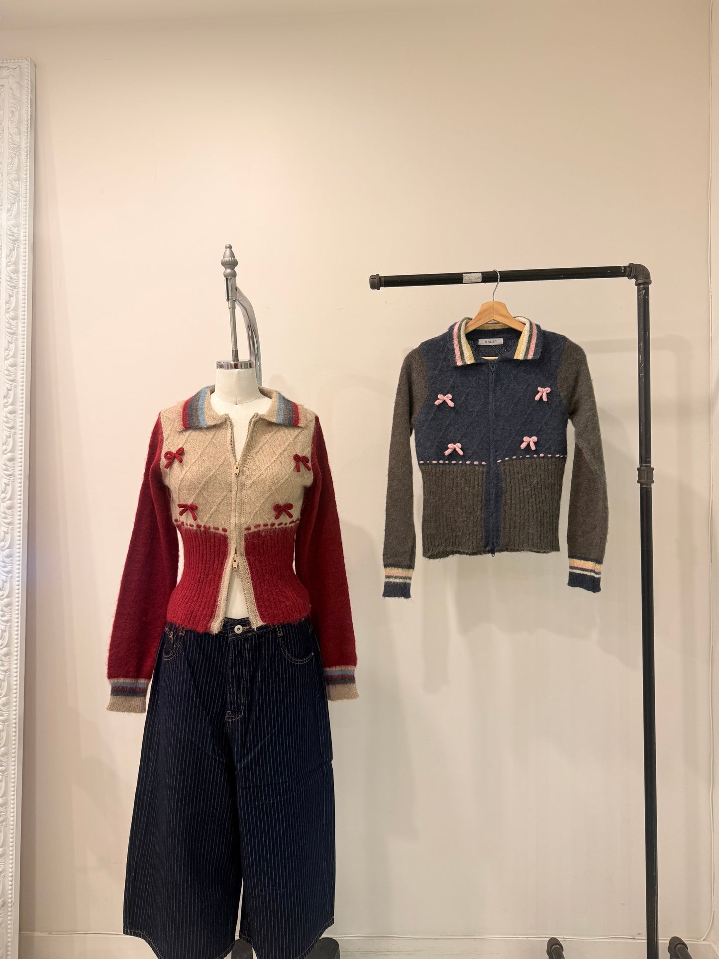 MELA Knit patchwork bow zip-up