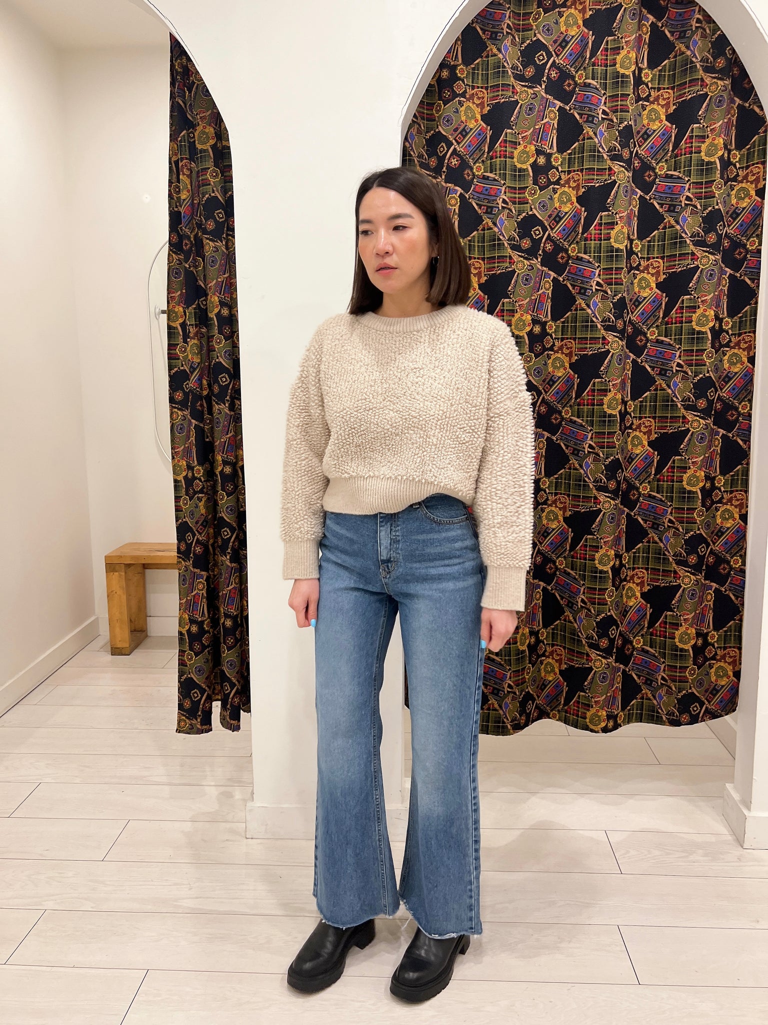 Get the look: bouclé sweater and wide-leg trousers