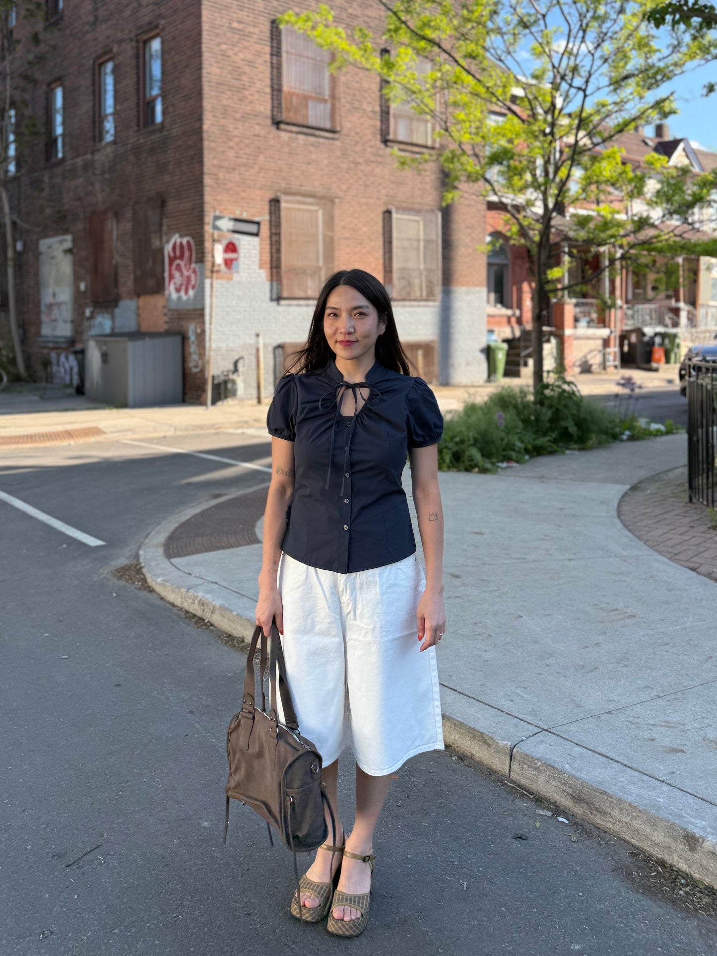 NOELLE Puff-sleeve tie-neck blouse
