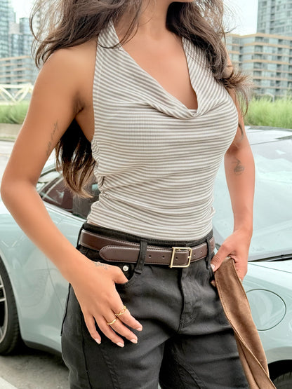 VIVI Cowl-neck stripe halter top
