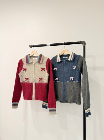 MELA Knit patchwork bow zip-up