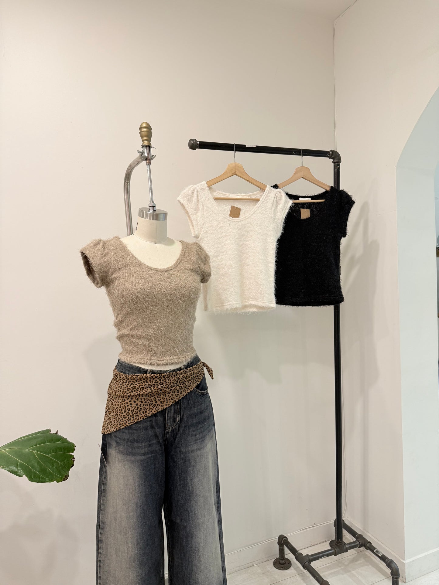 NICOLE Capped sleeve boucle top