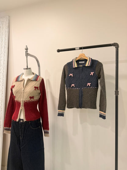 MELA Knit patchwork bow zip-up