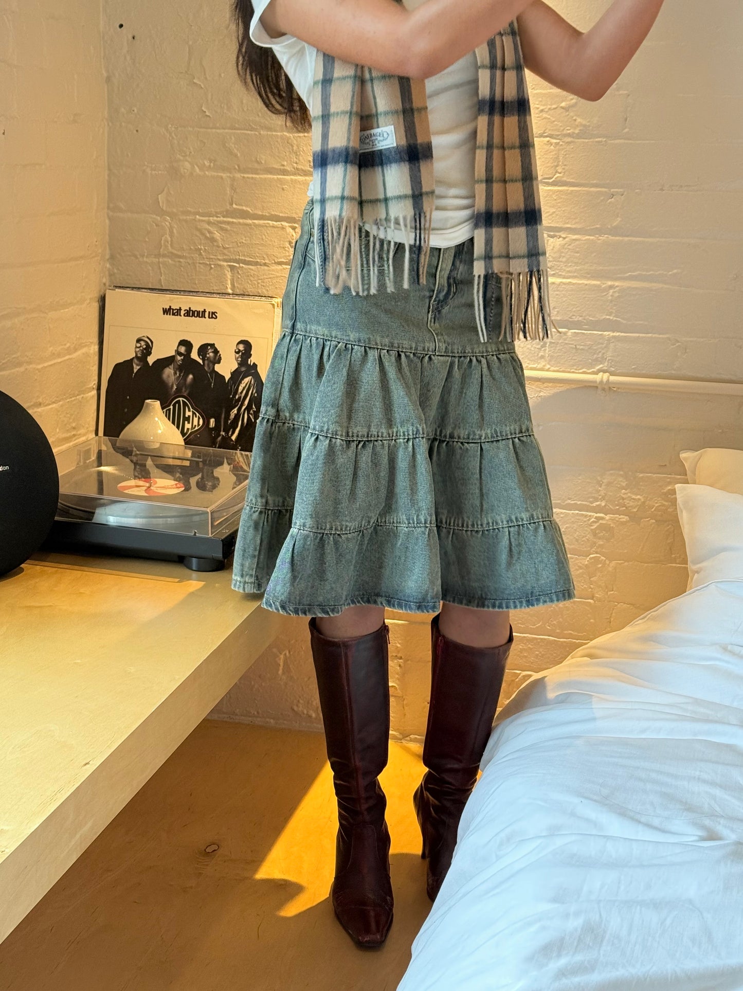 CESS Tiered denim midi skirt