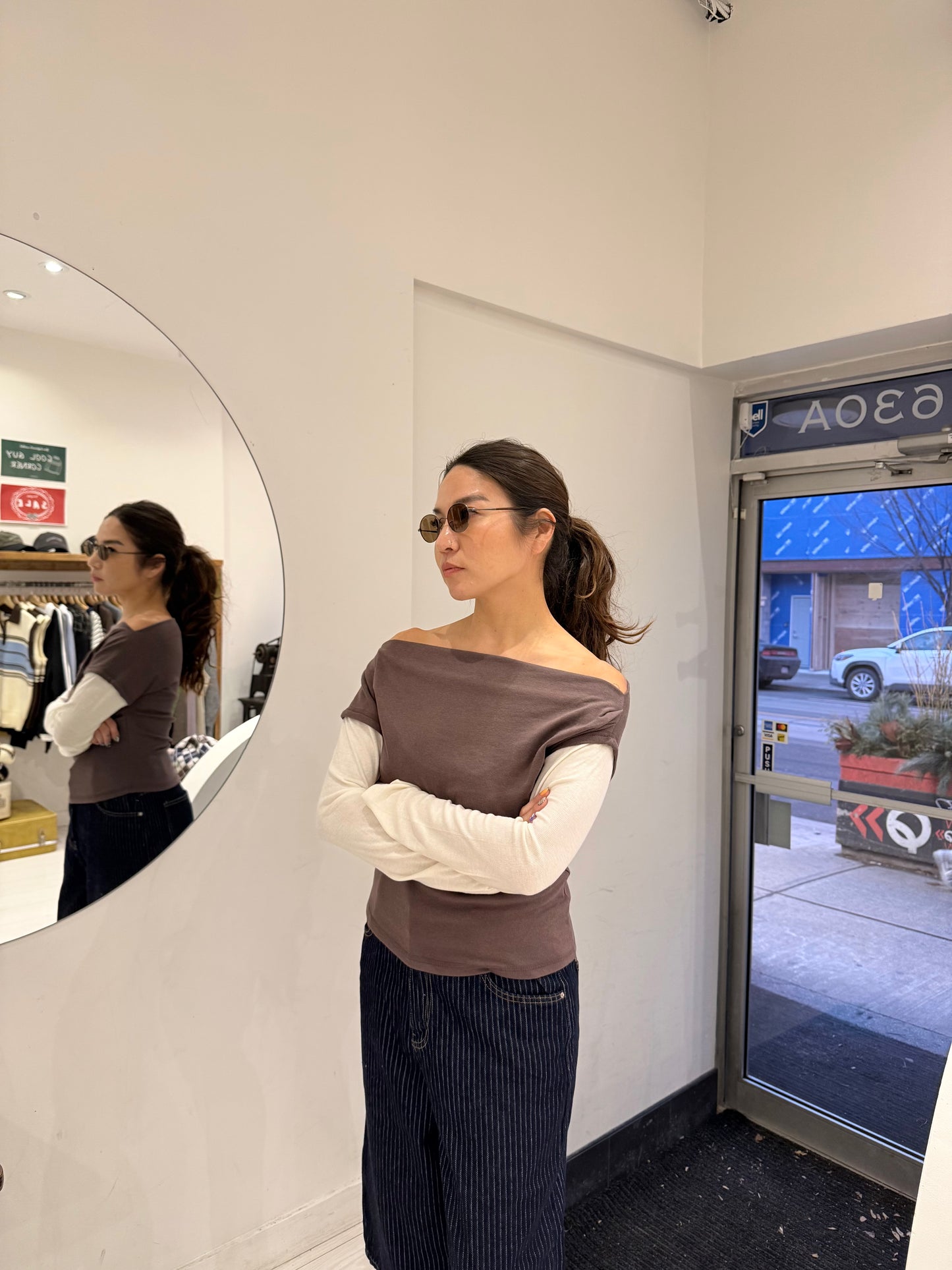 CAFE Off-shoulder two tone top